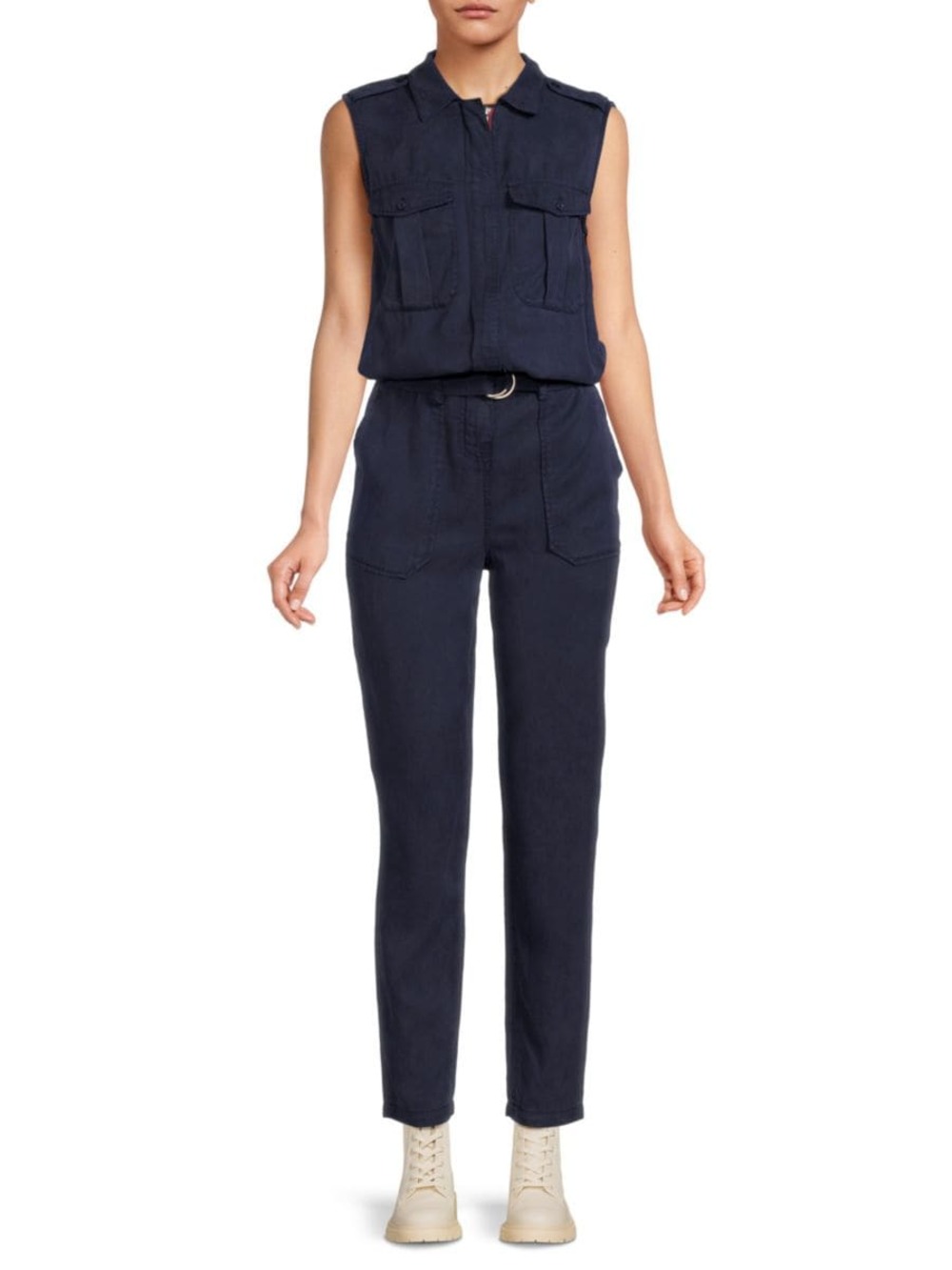 Etienne Marcel Belted Slim Leg Cargo Jumpsuit Tencel Navy Aviator Casual XS